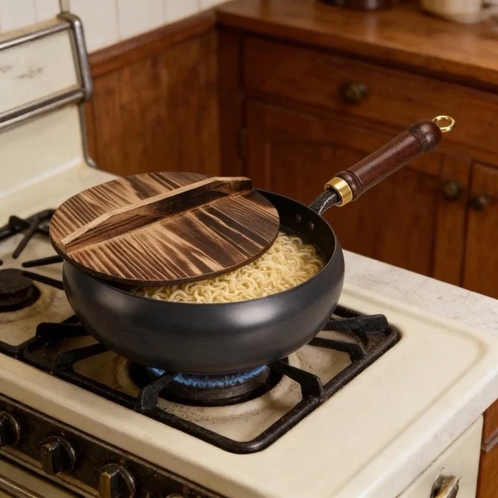 Japanese Iron Pan with Wooden Lid,Hand-Forged Non-Stick Pan